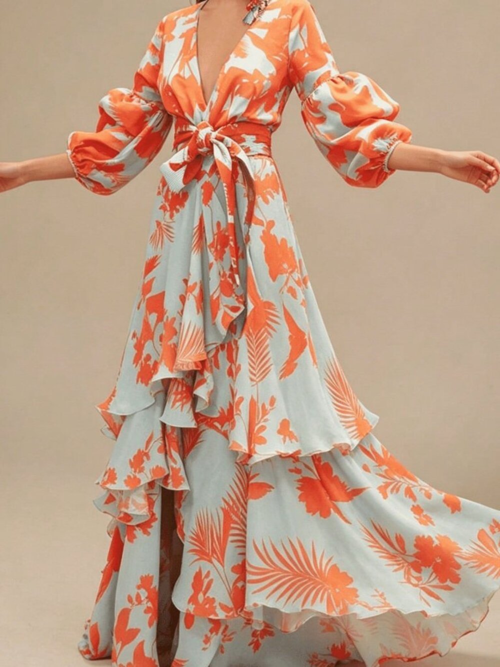 Red Elegant Women's A-Line V Neck & Kimono Sleeves Tropical Print Maxi Dress - Picture 4 of 4